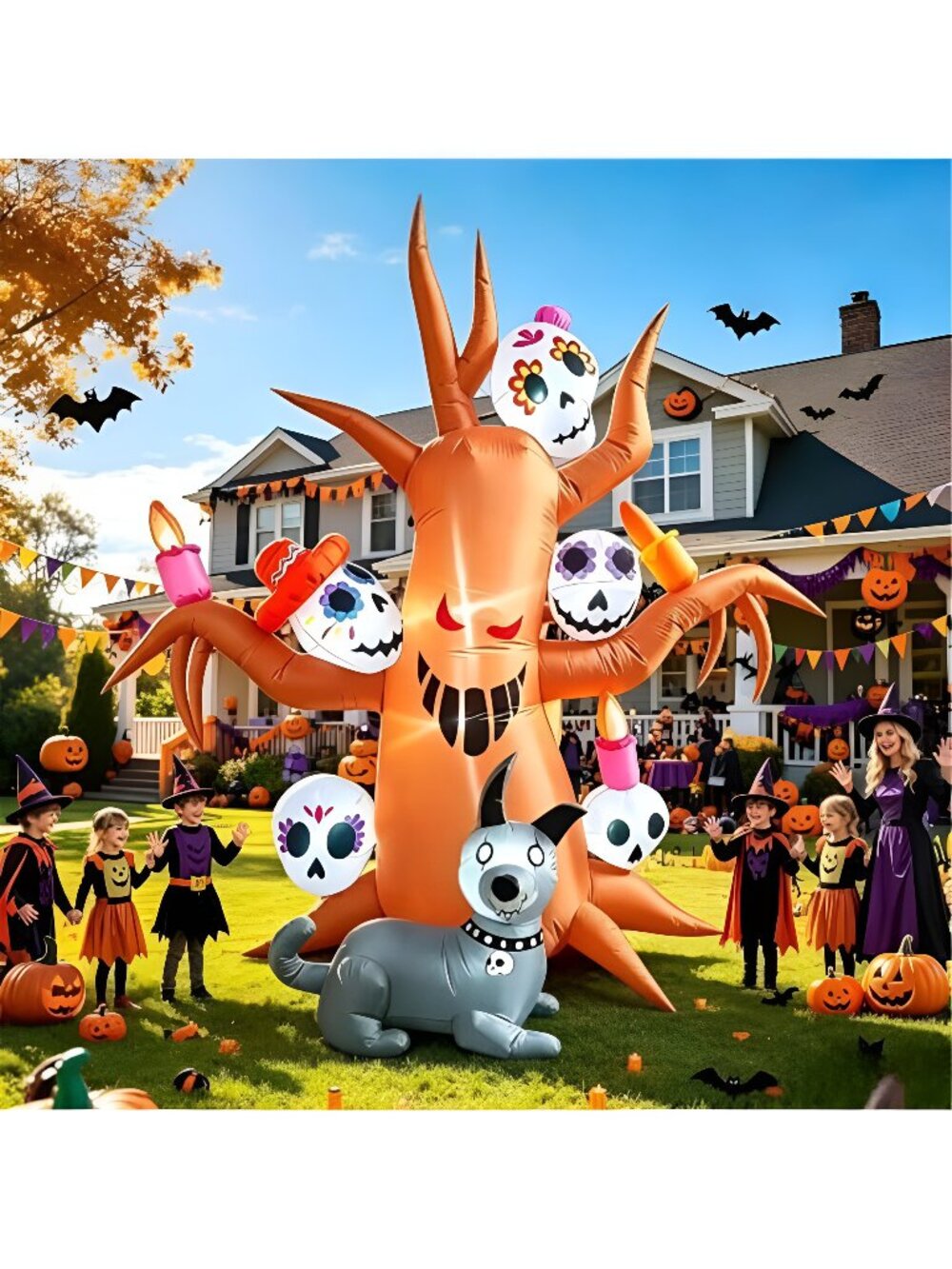 8FT Halloween Inflatable Outdoor Decorations Haunted Tree with Skeleton Dog